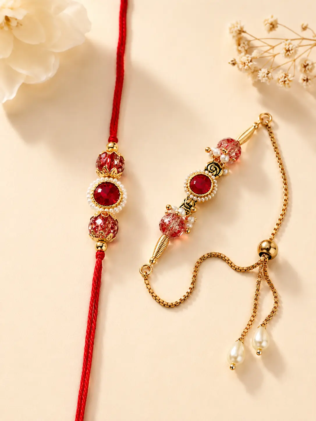 Premium Handmade Bhai Bhabhi Rakhi Set with Red Crystal & Adjustable Lumba Designer Raksha Bandhan Gift Set
