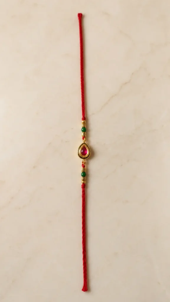 Teardrop Pink Stone Designer Rakhi with Green Beads & Red Silk Thread Premium Raksha Bandhan Rakhi