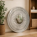 White Mandala Mirror Wall Decor – 24 Inch Round Decorative Mirror for Living Room