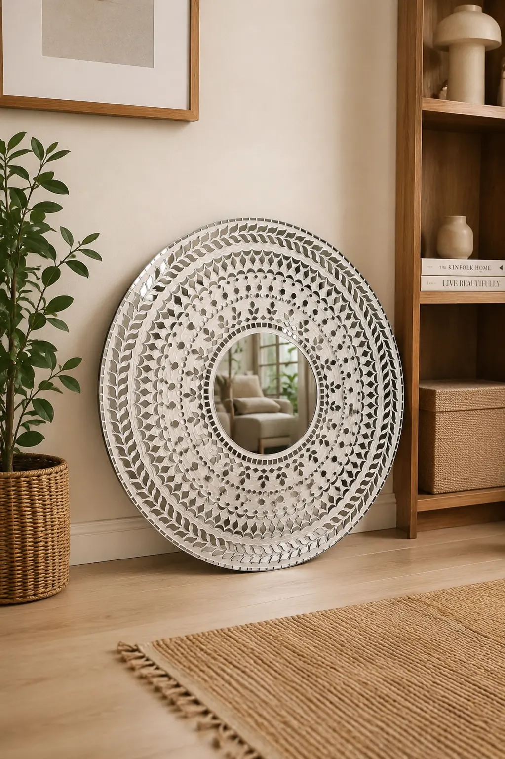 White Mandala Mirror Wall Decor – 24 Inch Round Decorative Mirror for Living Room