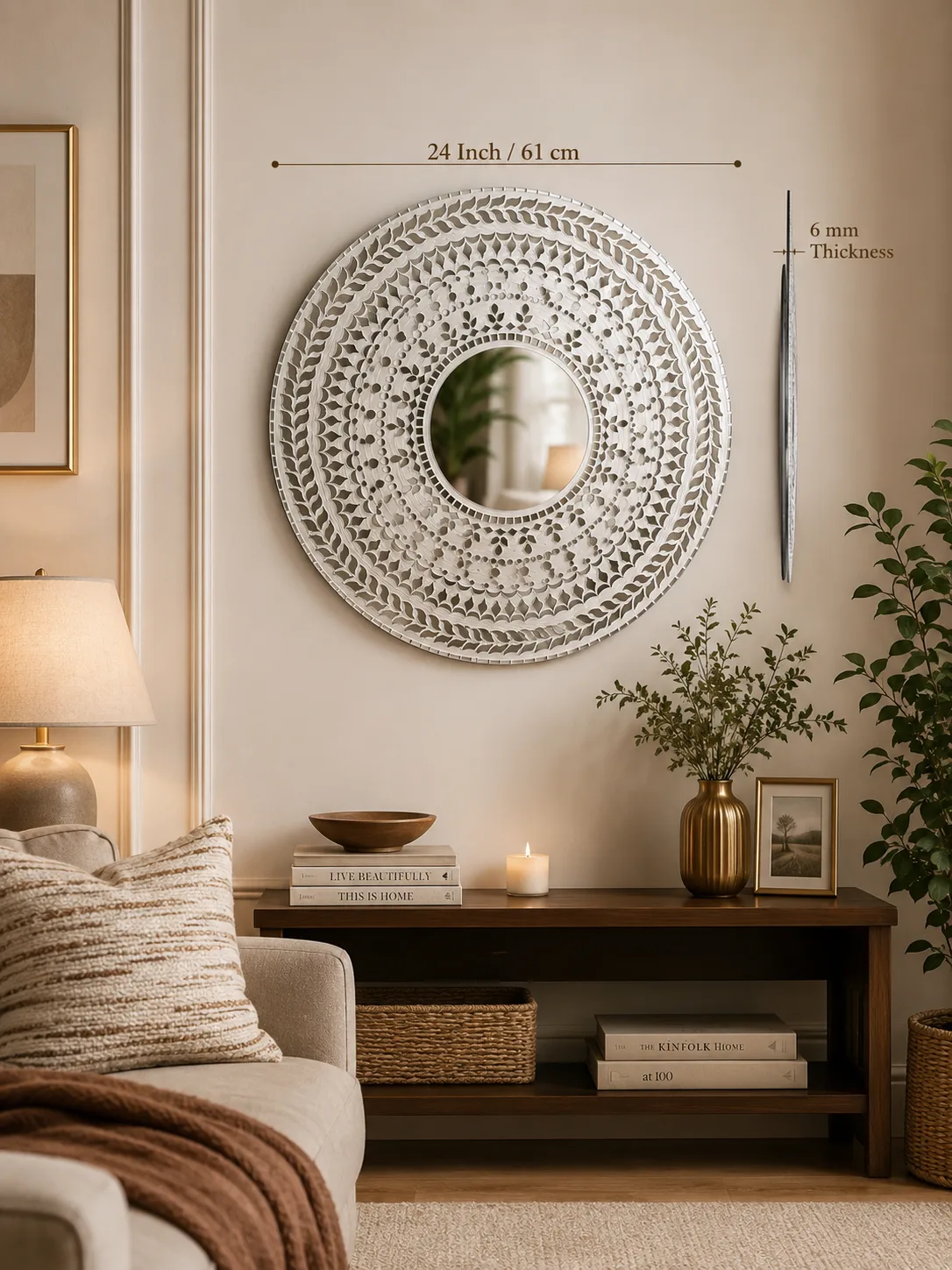 White Mandala Mirror Wall Decor – 24 Inch Round Decorative Mirror for Living Room