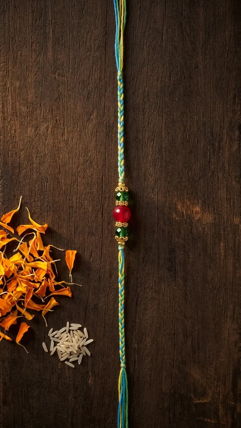 Handmade designer beaded Rakhi with blue and yellow braided thread and decorative red and green beads for Raksha Bandhan.