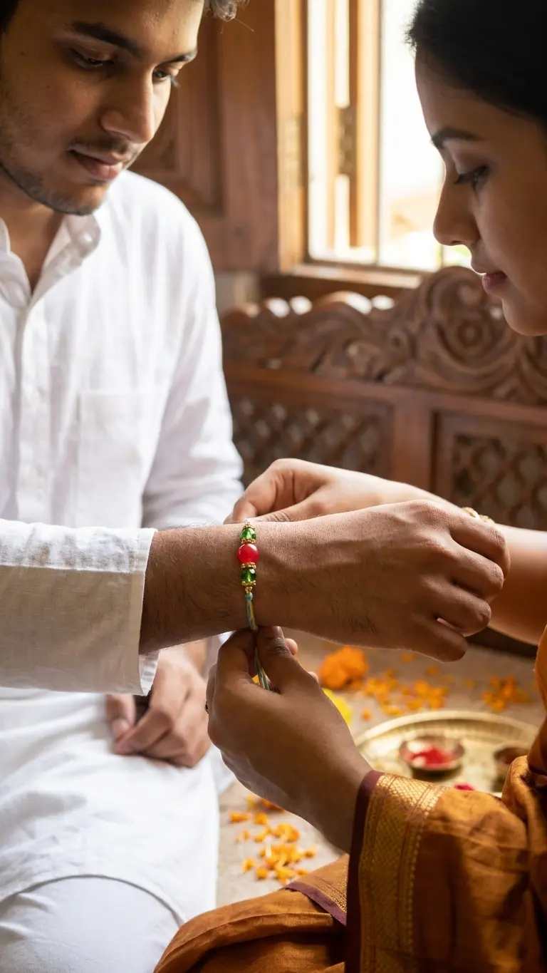 Handmade designer beaded Rakhi with blue and yellow braided thread and decorative red and green beads for Raksha Bandhan.