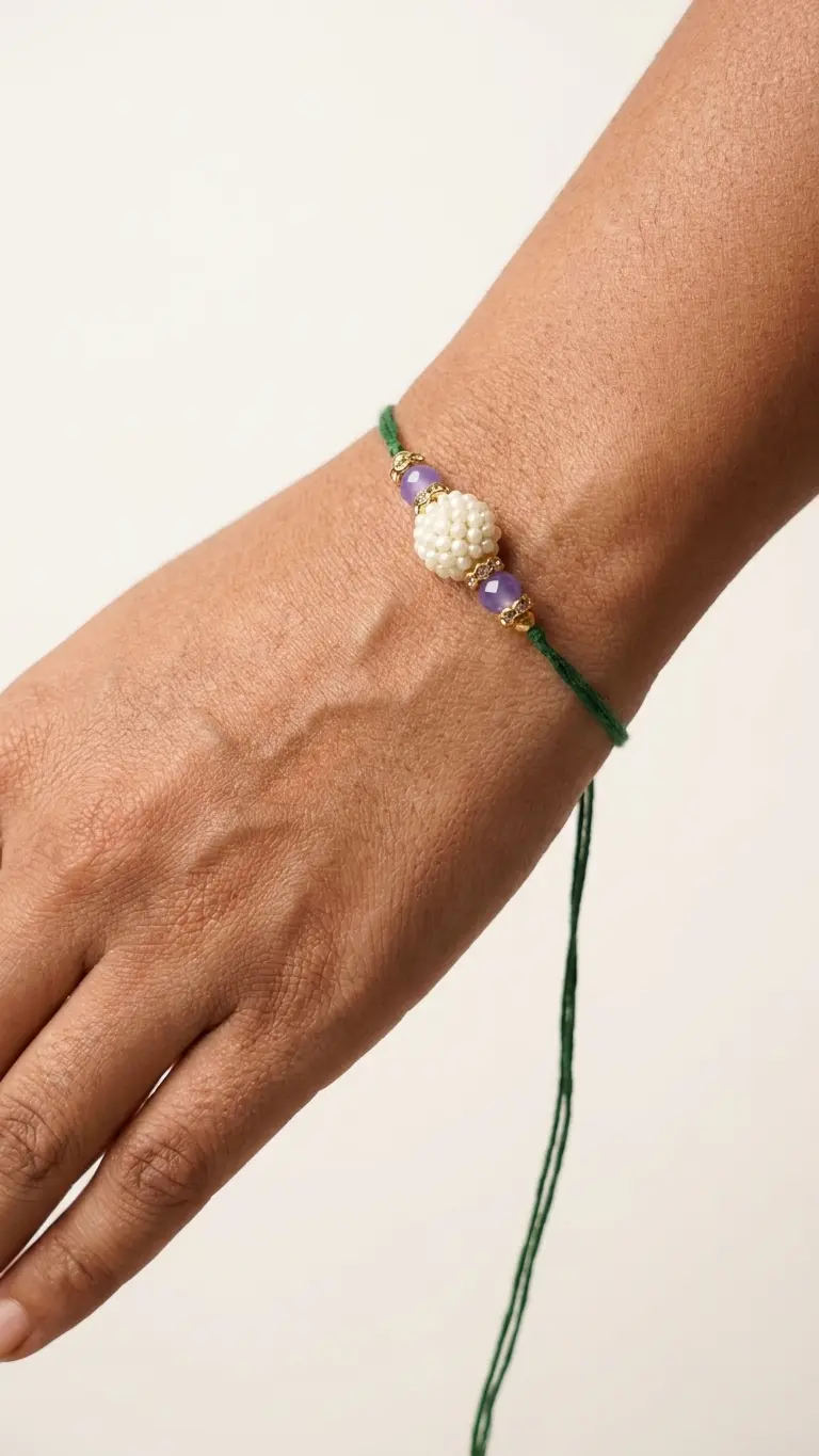Handmade white pearl Rakhi with lavender stone beads and green thread for Raksha Bandhan celebration.