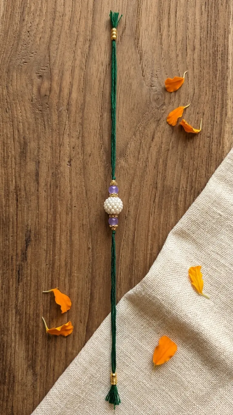 Handmade white pearl Rakhi with lavender stone beads and green thread for Raksha Bandhan celebration.