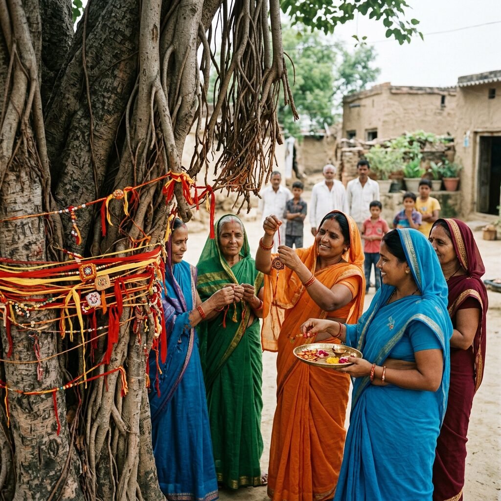 Group of women tying and hanging red and yellow threads on a tree during a ritual