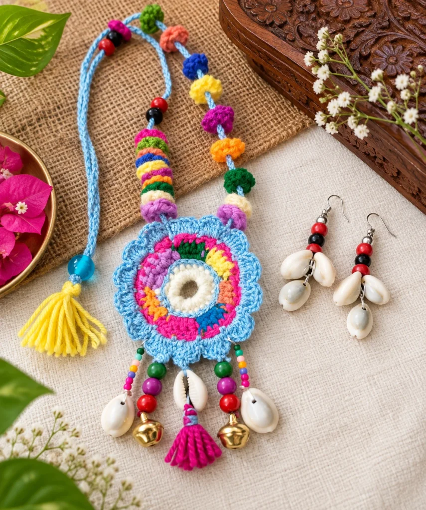 Handmade sky blue crochet mandala pendant necklace with cowrie shell tassels and matching cowrie shell drop earrings on jute fabric