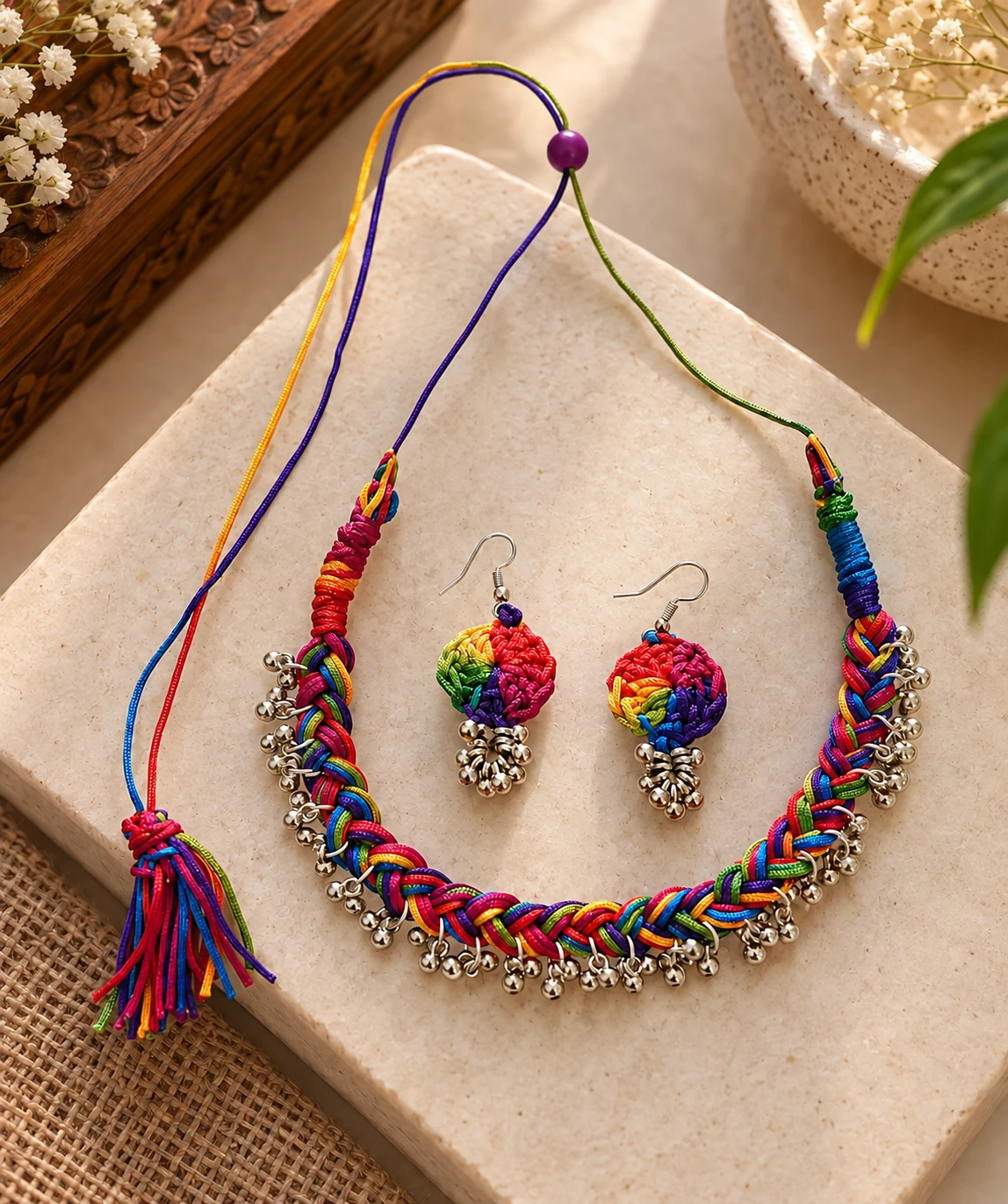 Handmade rainbow braided choker necklace with silver ghungroo bells and matching multicolor stud earrings on stone surface