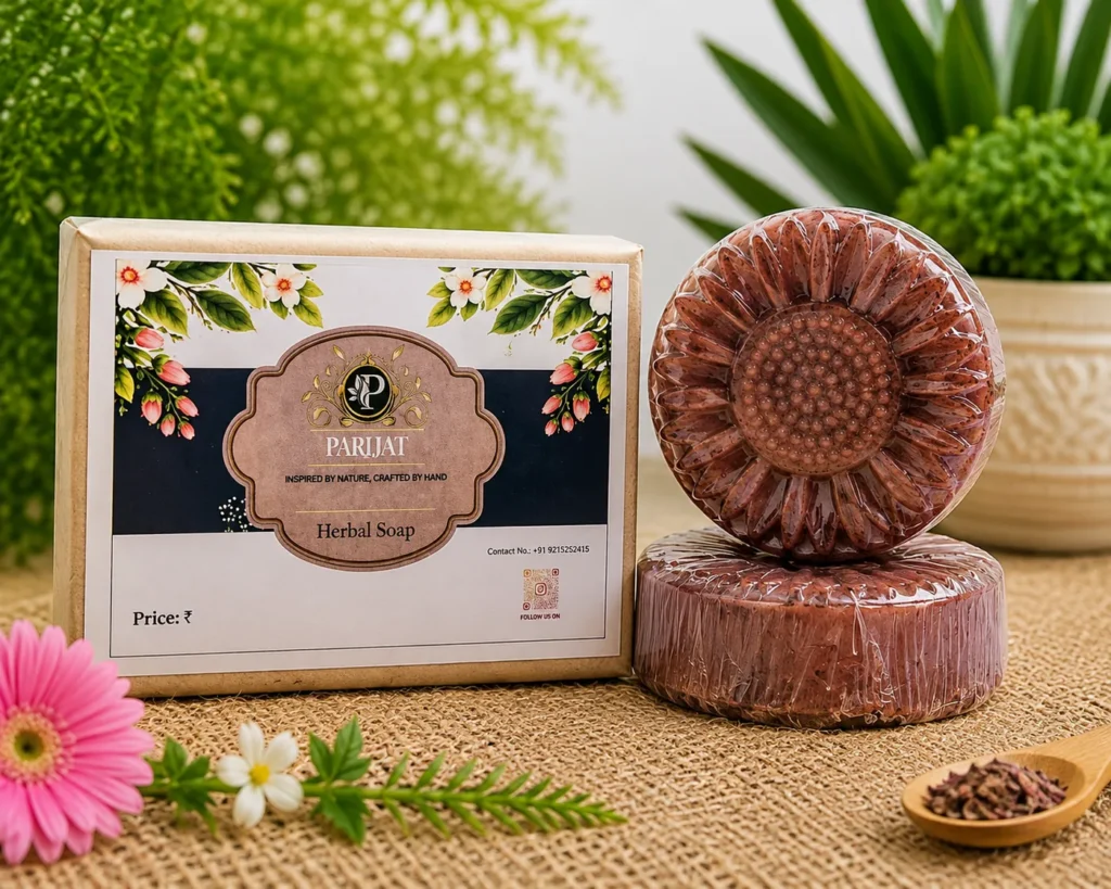 PARIJAT flower shaped herbal soap with two detailed floral brown-pink soap bars beside rectangular botanical packaging, displayed on a natural jute surface with flowers and greenery.