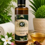 PARIJAT Herbal Hair Oil in an amber bottle with a black and gold cap, featuring a botanical floral label, displayed on a wooden stand with flowers, herbs, a bowl of golden oil and greenery