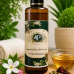 PARIJAT Herbal Shampoo in an amber bottle with a black and gold cap, featuring a green botanical floral label, displayed on a wooden stand with flowers, herbs, a bowl of golden oil and greenery.