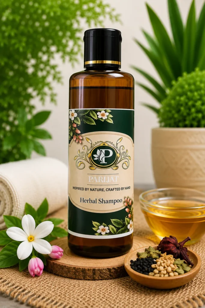 PARIJAT Herbal Shampoo in an amber bottle with a black and gold cap, featuring a green botanical floral label, displayed on a wooden stand with flowers, herbs, a bowl of golden oil and greenery.