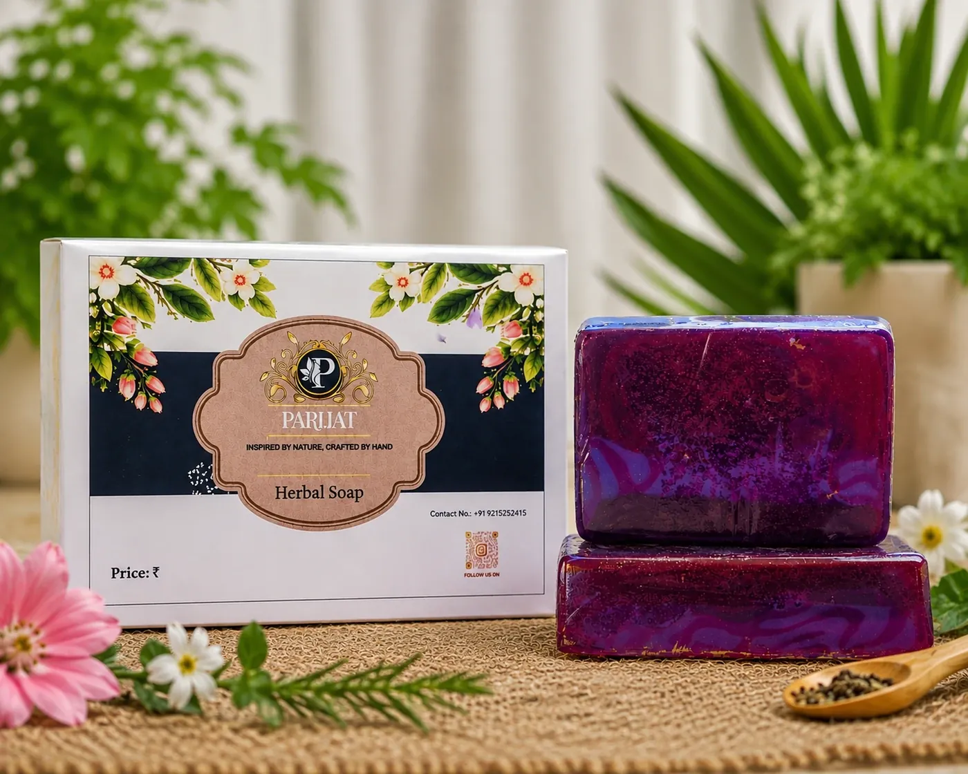 PARIJAT Herbal Soap handmade purple herbal soap bars with rectangular floral packaging, displayed on a natural jute surface with flowers and green botanical leaves.