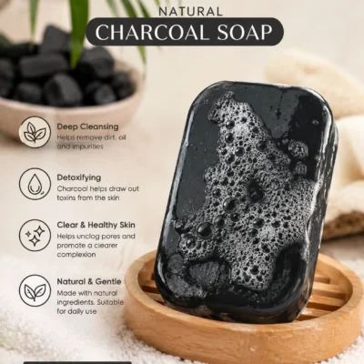 Specially formulated for deep cleansing, this soap helps remove dirt, excess oil, and impurities, leaving skin fresh and clean. Ideal for oily and acne-prone skin. 🌿 Key Ingredients & Benefits 1️⃣ Activated Charcoal – Deep cleansing, absorbs excess oil, helps remove impurities. 2️⃣ Glycerin – Helps retain moisture and keeps skin soft. 3️⃣ Vitamin A – Antioxidant support and helps maintain healthy-looking skin. 4️⃣ Coconut Oil – Nourishes and softens the skin. 🌼 Overall Benefits ✔️ Deep cleansing ✔️ Helps control excess oil ✔️ Helps keep pores clean ✔️ Leaves skin fresh & clean ✔️ Suitable for oily & acne-prone skin ✔️ Suitable for daily use