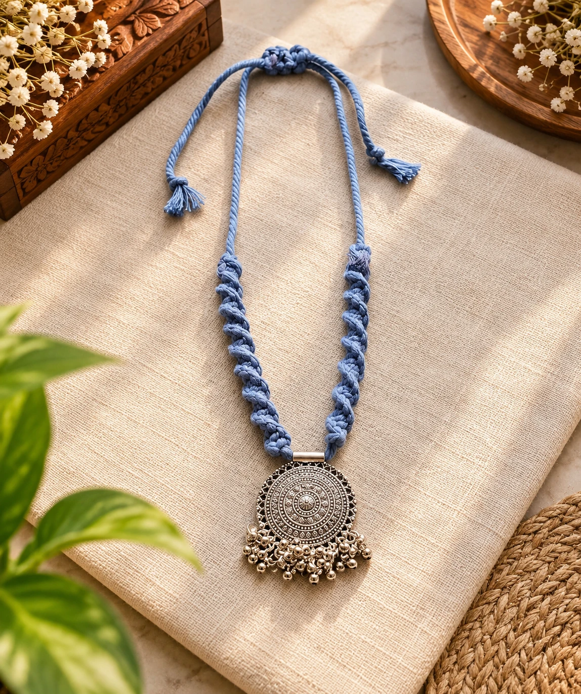 Handmade blue twisted cord necklace with gold oxidized jhumka pendant on grey fabric