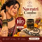 Model wearing handmade mirror work triangle choker necklace, earrings and gold bangles Navratri combo set with 10% off banner