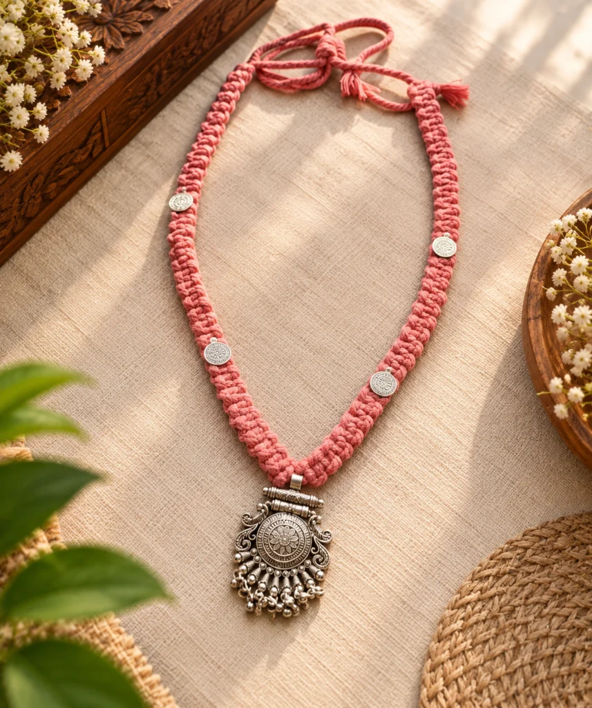 Handmade coral pink braided necklace with oxidized silver coin pendant and charms on grey fabric
