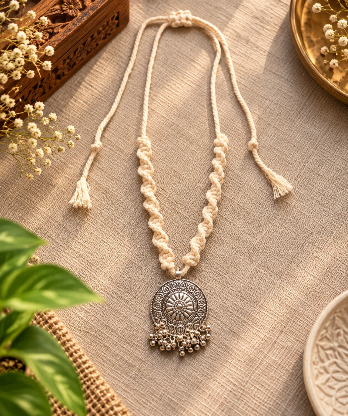 Handmade beige spiral twisted cord necklace with oxidized silver pendant and bell drops on grey fabric