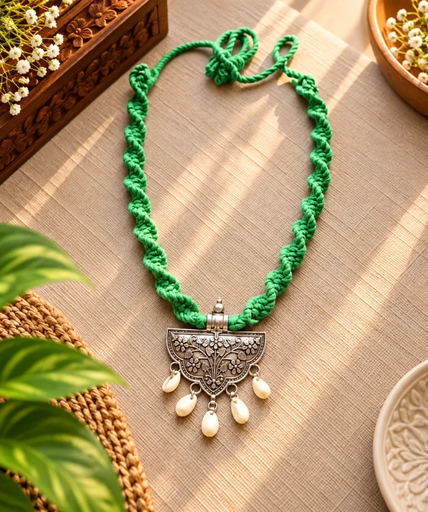 Handmade green twisted cord necklace with oxidized silver pendant and cowrie shell drops on grey fabric