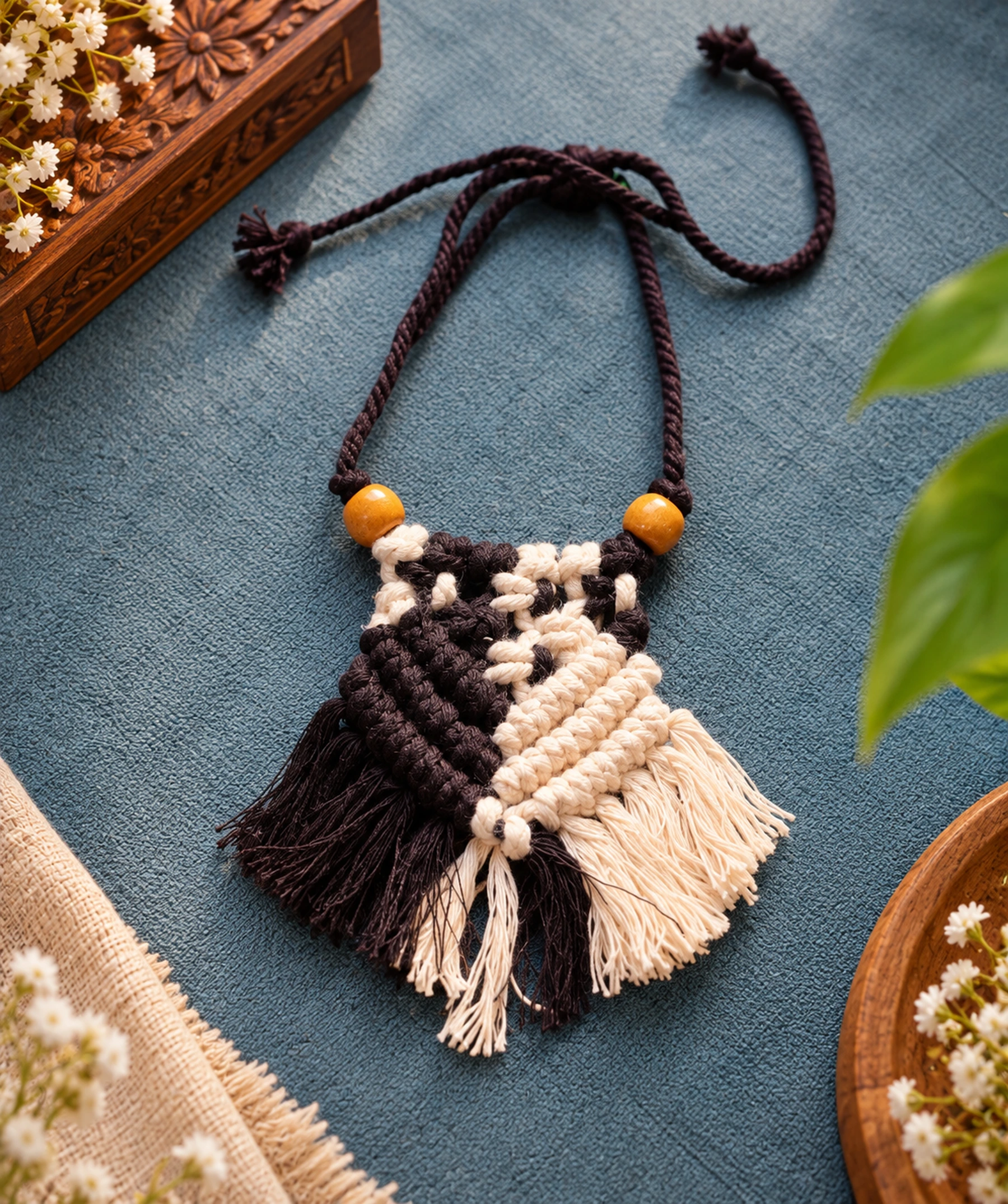 Handmade black and cream macrame tassel pendant necklace with wooden beads on grey fabric