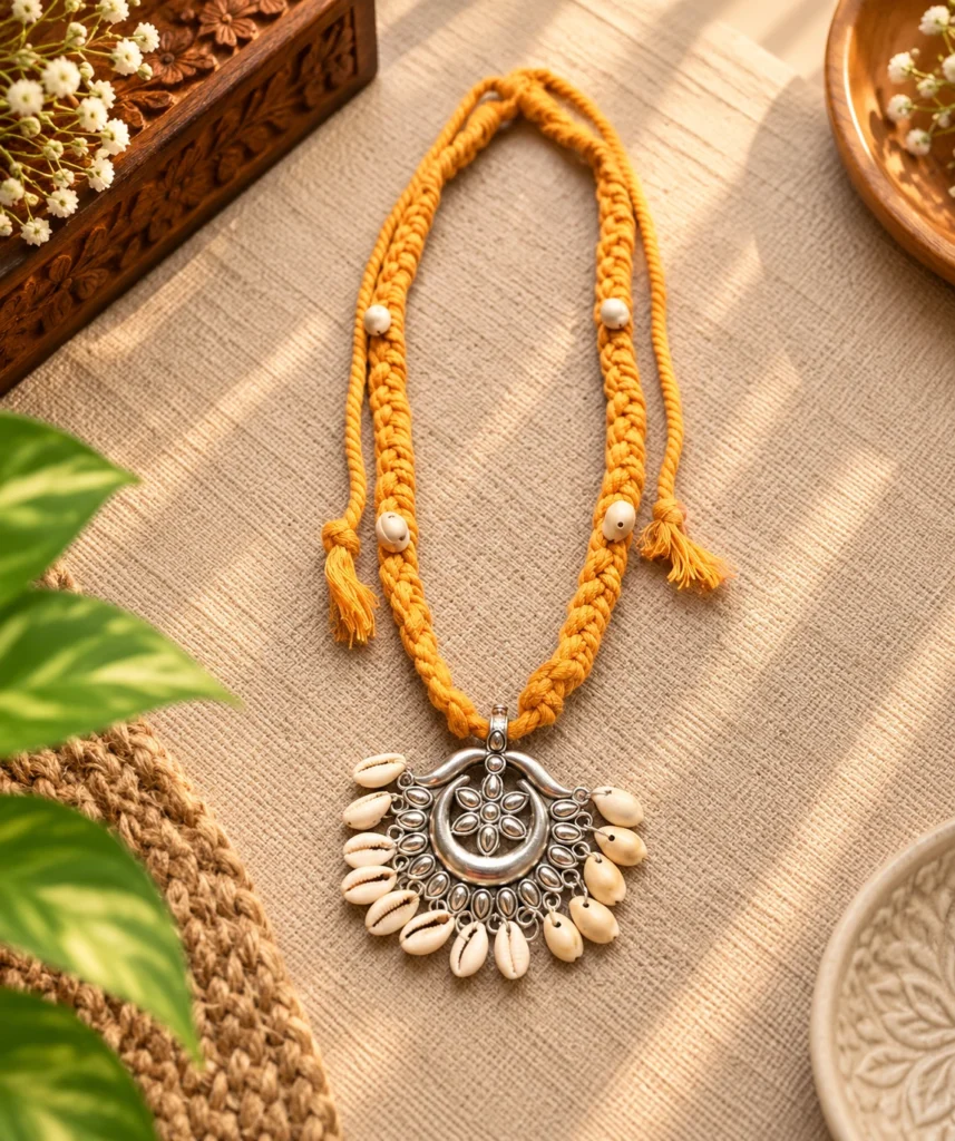 Handmade mustard braided necklace with oxidized silver crescent pendant and cowrie shells on grey fabric