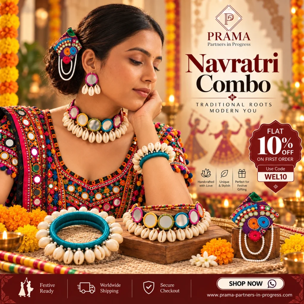 Navratri combo, mirror work jewelry, cowrie shell necklace, earings handmade jewelry set, festive jewelry combo, garba jewelry, Indian handicraft, ethnic jewelry set, cowrie shell bangle, hair clip, combo offer, artisan made jewelry, traditional jewelry set, gifting combo