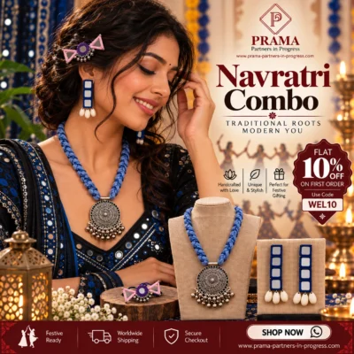 Handmade ethnic festive combo of blue braided necklace with oxidized pendant, mirror work earrings, and hair cli